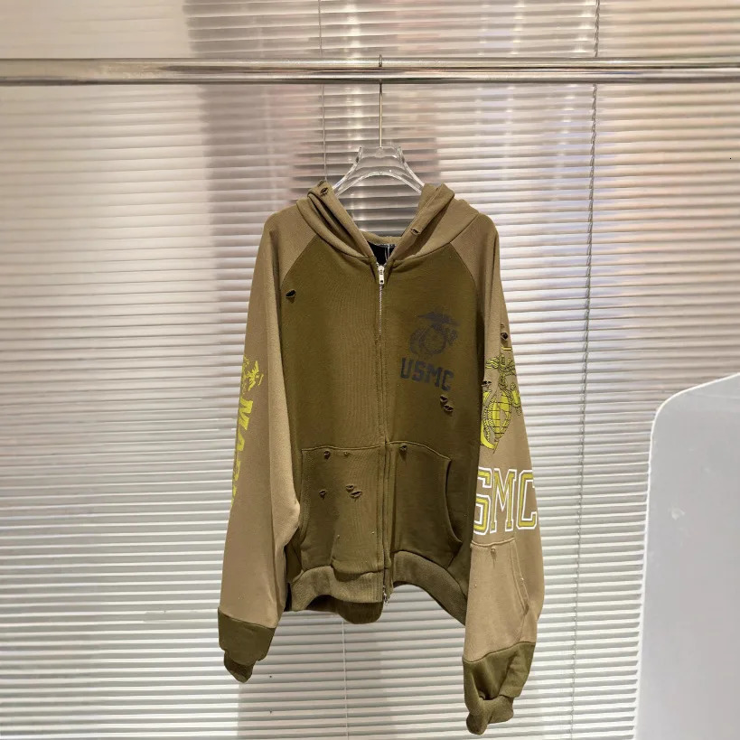 2026 Fashion Korean High Street Green Project G/R Hoodies Jackets For Men Women Distressed Washed Zipper Hooded 260228