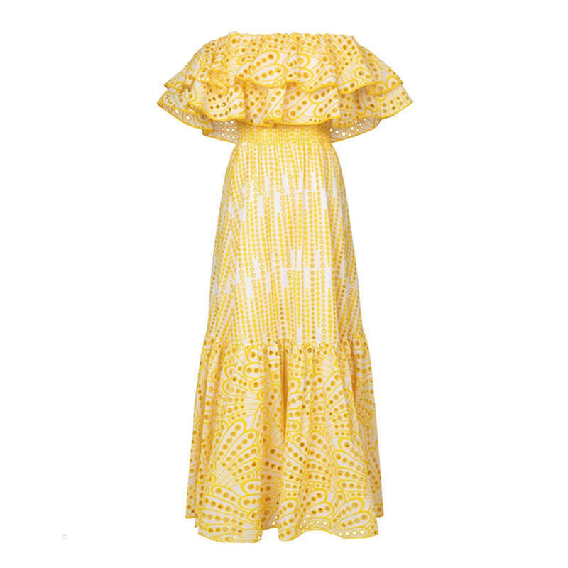 2026 summer niche fashion brand goddess off shoulder pleated embroidery hollowed out large swing fairy vacation long skirt