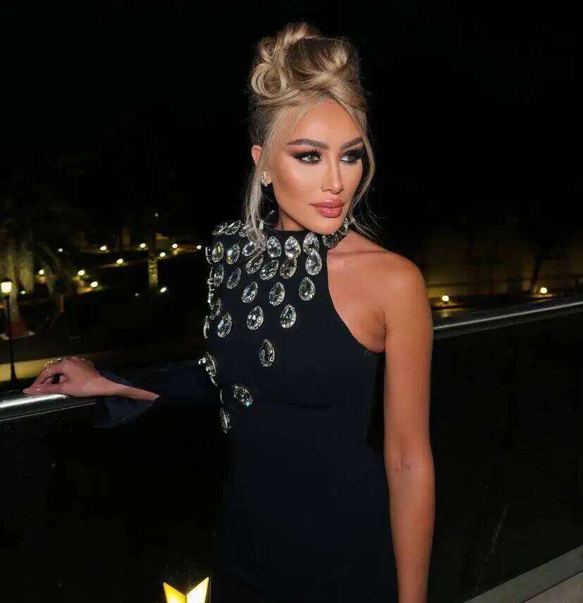 Fashion Women Celebrity Sexy Single Sleeve Rhinestone Black Maxi Long Bodycon Bandage Elegant Evening Club Party Dress