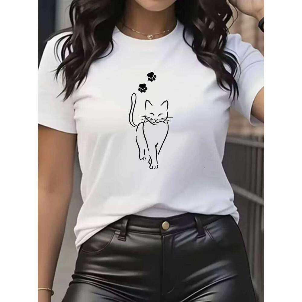 Summer women's cat print. Cute girls' casual short-sleeved round-neck top with animal pattern clothing. T-shirt XJ260306 XJ260306