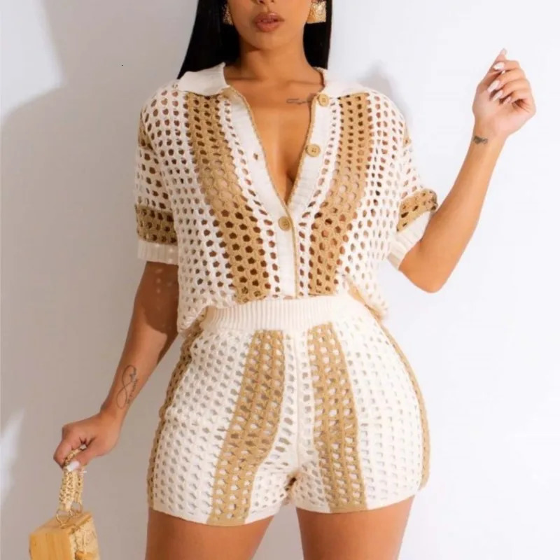 Womens Two Pieces Set Knit Ribbed Crochet Patchwork Outfits Short Sleeve Shirt Sweater Suit Outfit Tracksuit 260306