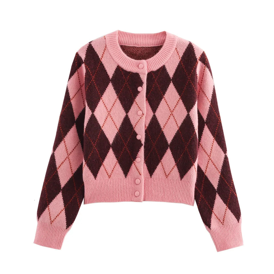 Women Argyle Jacquard Cardigan Chic Casual Knitted Cardigans For Elegant Sweater Long Sleeve Knitwear Coat 5755011 260306