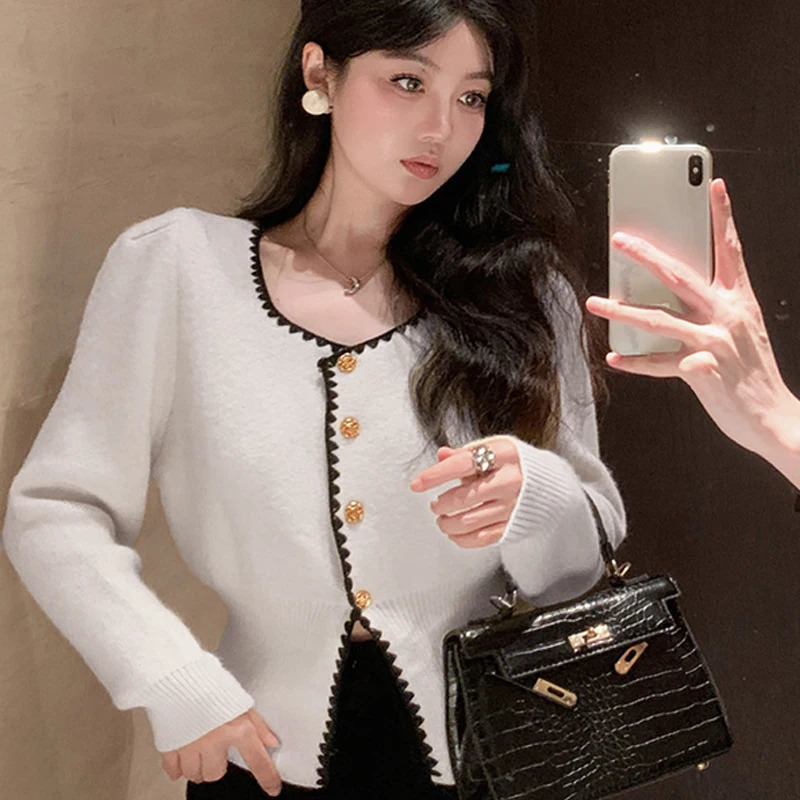 Womens French Fashion Square Neck Singlebreasted Slim Knitted Sweater Cardigan 260306