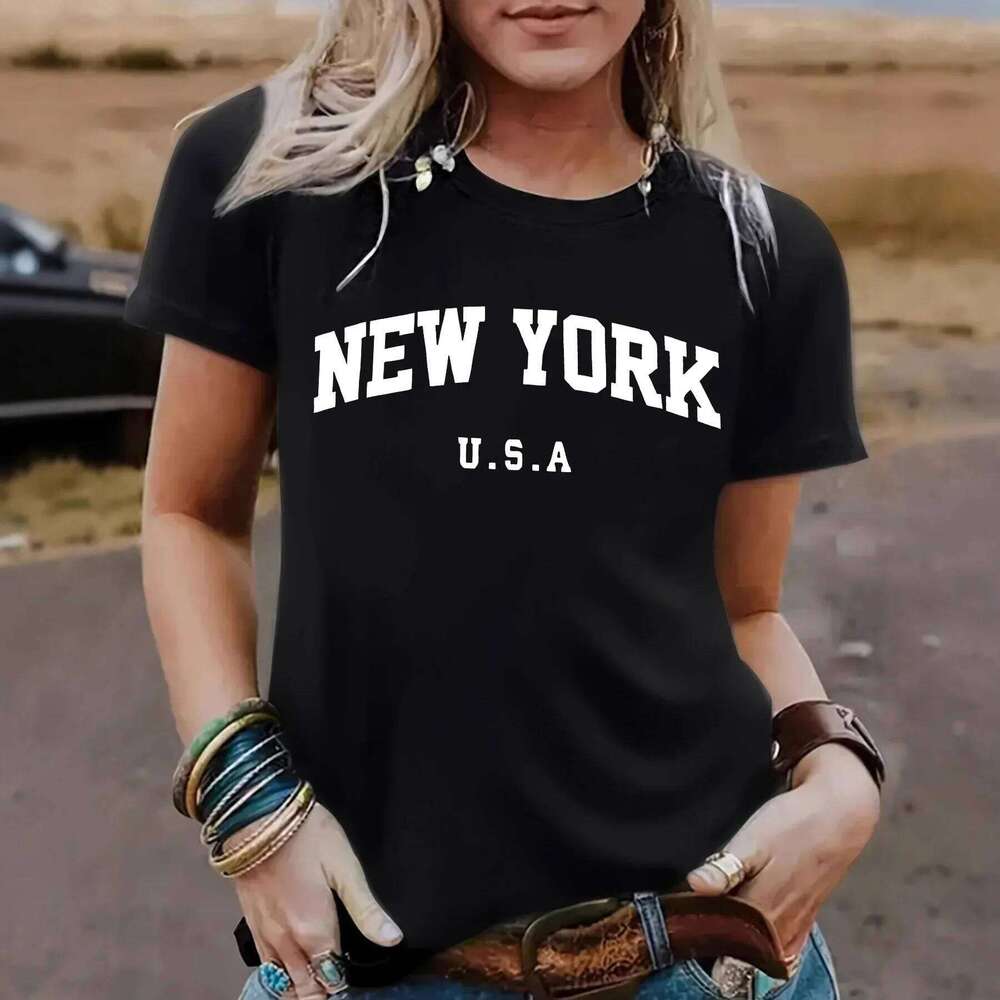 Comfortable round Neck Short Sleeve Women's York Pattern Print Summer New Style Polyester Fiber T-shirt Cross-Border XJ260306 XJ260306