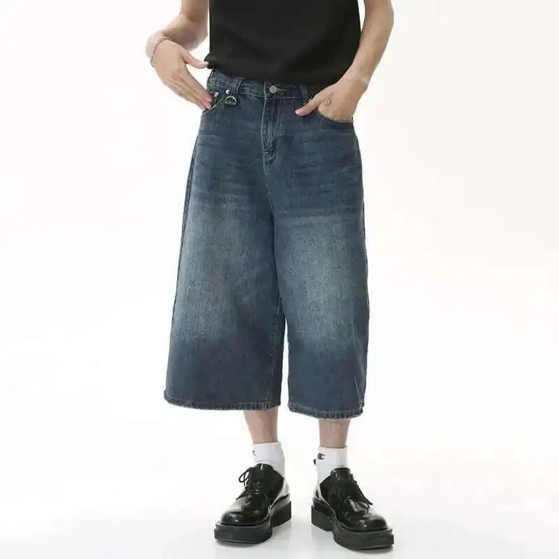 IEFB Korean Style Vintage Mens Jeans Summer Loose Male Wide Leg Knee Length Shorts Washed Fashion Short Denim Pants 9A8825 260306