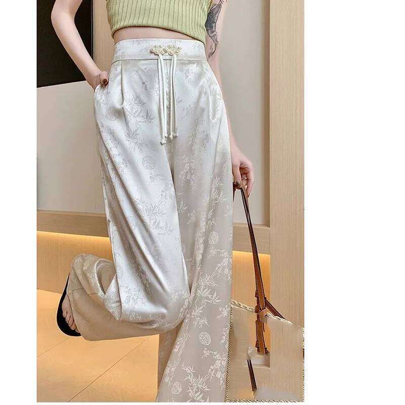 Mardi Hefxessdr New National Trend Button Embroidered Satin Wide Leg Pants Women's Casual High Waist Slimming Drapey Long Trousers style pants wo