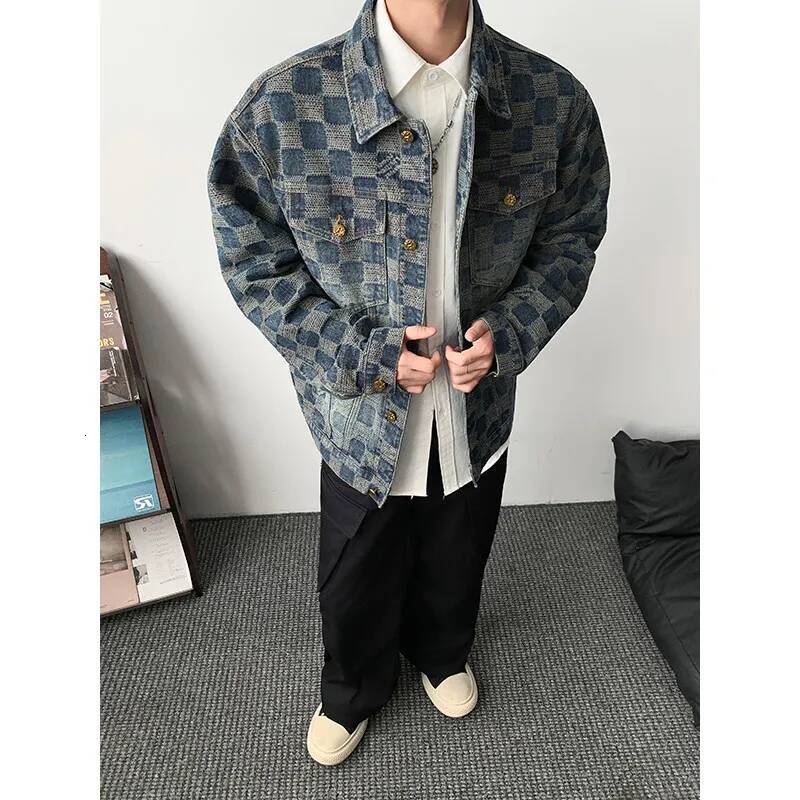 Vintage Loose Men's plaid Print Denim Jacket Spring Autumn Casual Versatile Hipster Long Sleeve Outerwear Coat