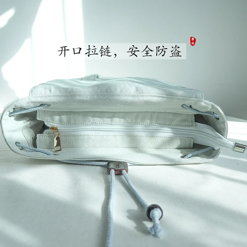 15Inch Retro Chinese Style Backpack Handmade Embroidery Canvas Bag with Zipper Laptop Drawstring Rucksack 260307