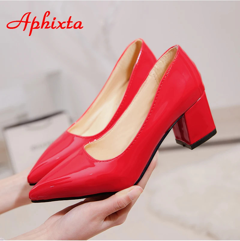 Aphixta 5cm Square Heels Patent Leather Red Pumps Shoes Woman Classics Pointed Toe Dress Official Pumps Party Plus Size 49 50 260306