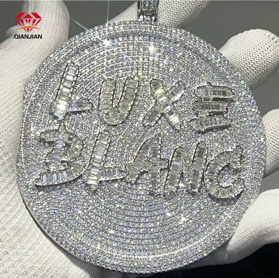 Iced Out Moissanite Diamond Pendant 925 Sterling Silver Round HipHop Pendant Necklace Custom Name Number Commemorative Pendant