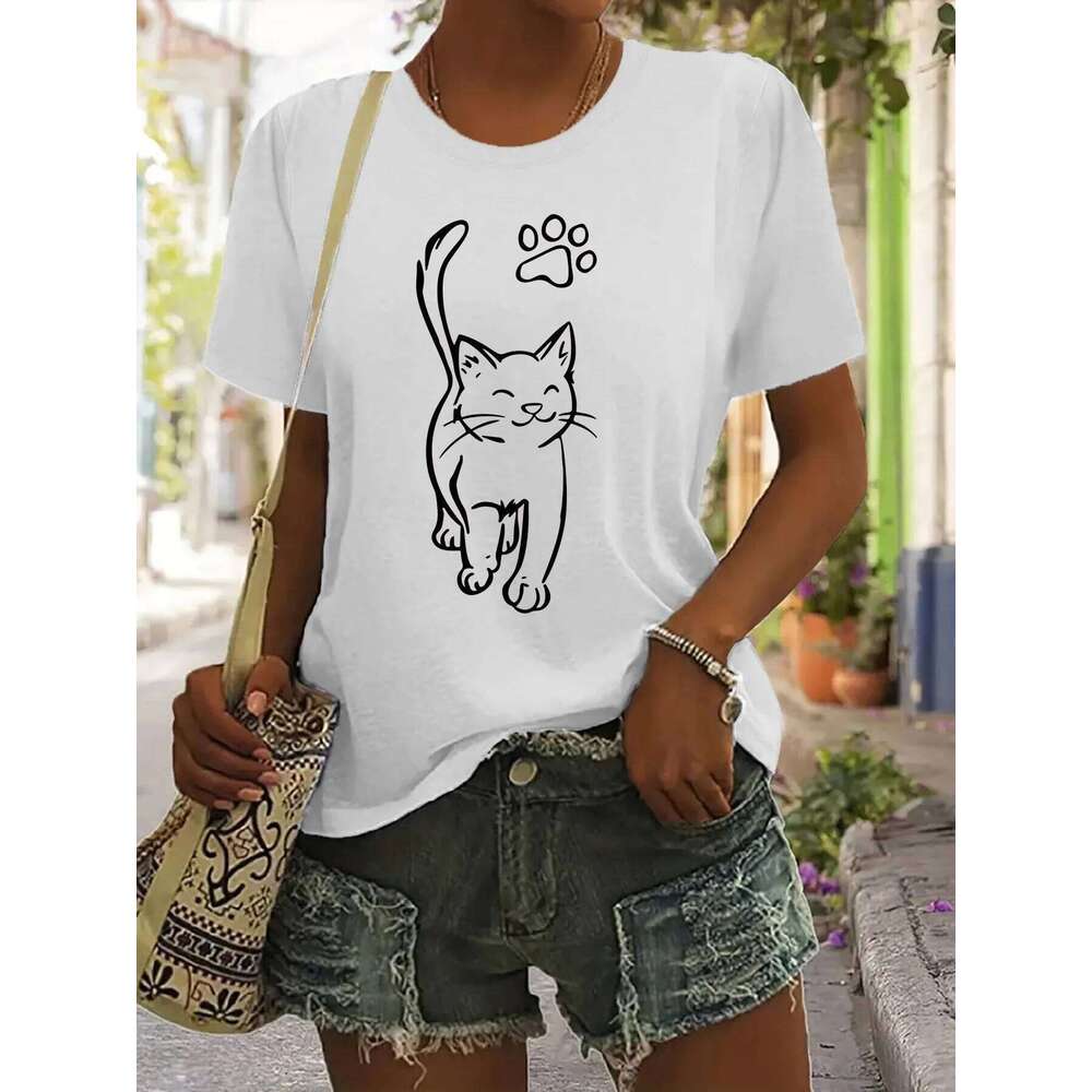 Charming Cat Print Casual Crew Neck Short Sleeve Top Urban Style Printed T-Shirt Fashionable for Women Trendy XJ260306
