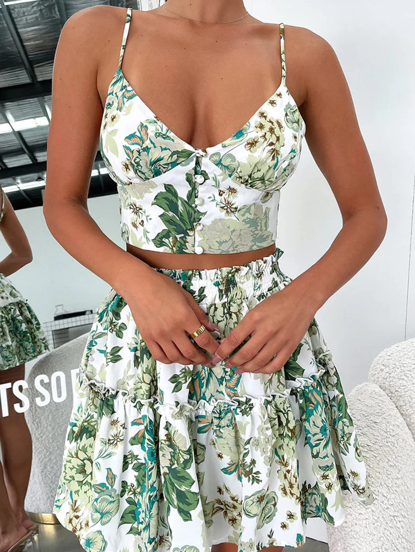 Womens Floral Cami Top And Ruffle Hem Skirt 2pcs Setback to schoolwedding guest dress women 260306
