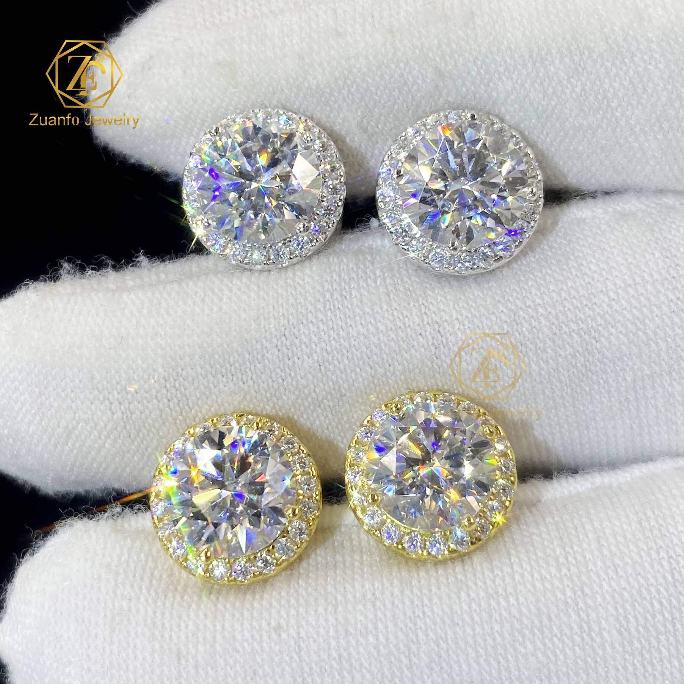 ZuanfoJewelry Eye Catching Round Shape Halo Earring D VVS 5/65/8MM Moissanite Earring Pass Diamond Tester 925Silver Gold Plated