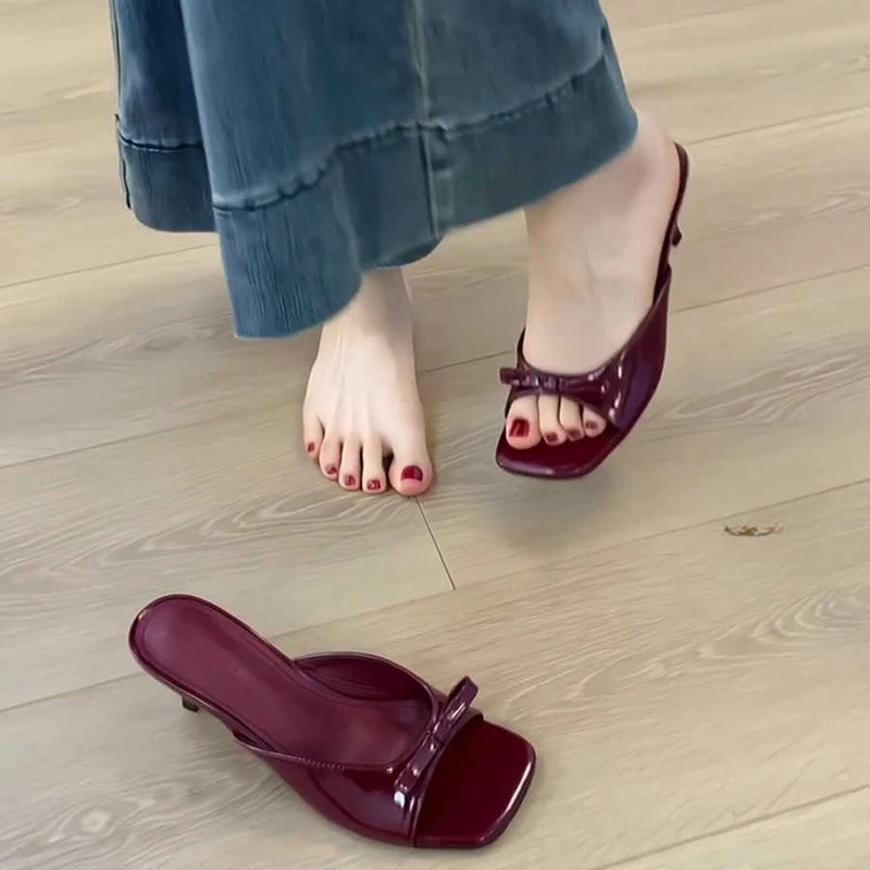 2026 Women Square Toe High Heel Slippers Fashion Butterfly-knot Dress Shoes Summer Stripper Mules Slides Zapatos De Mujer 260303