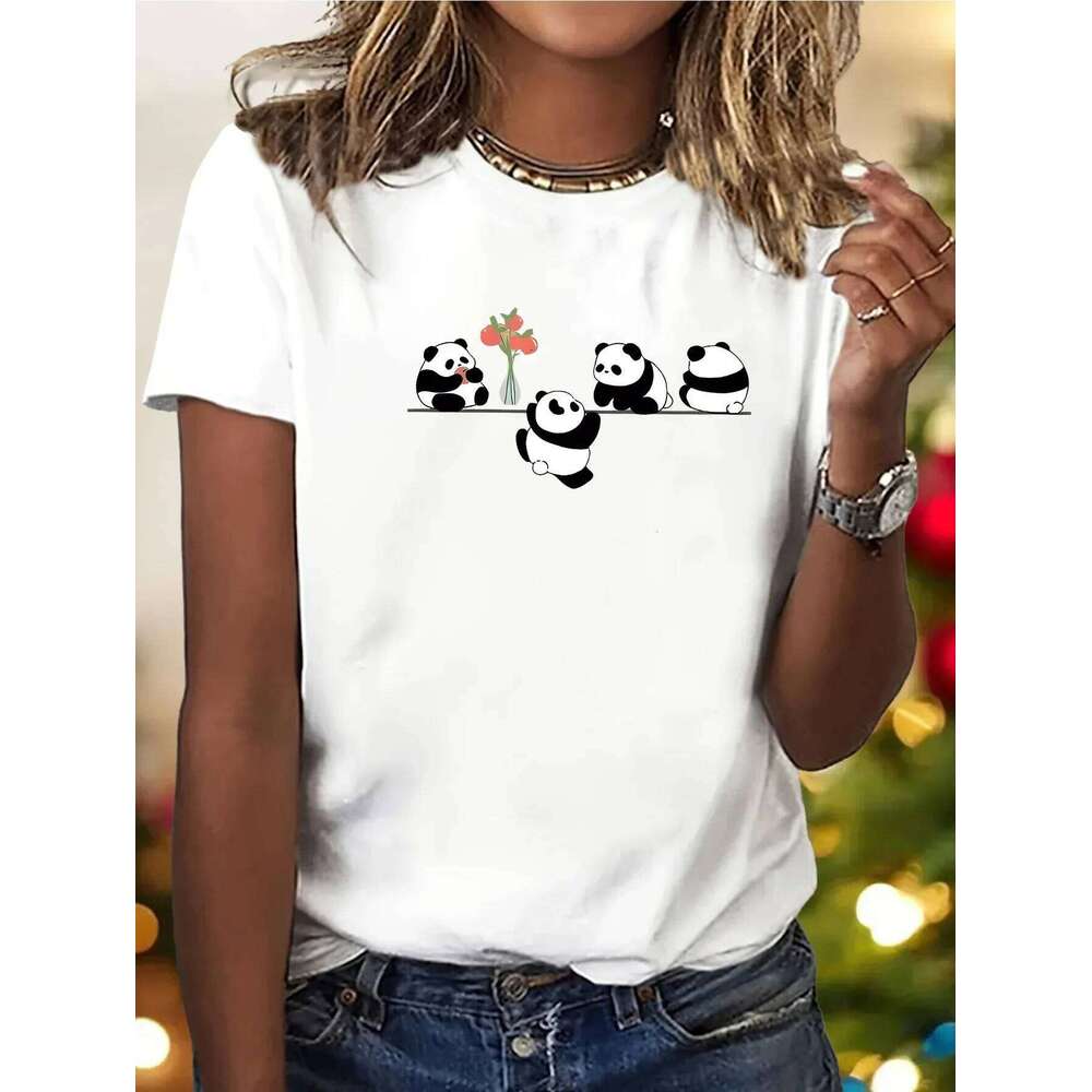 With Adorable Design Sleeve Multiple Colors Available Festive Apparel Women's Cute Panda Graphic Casual Round Neck XJ260306