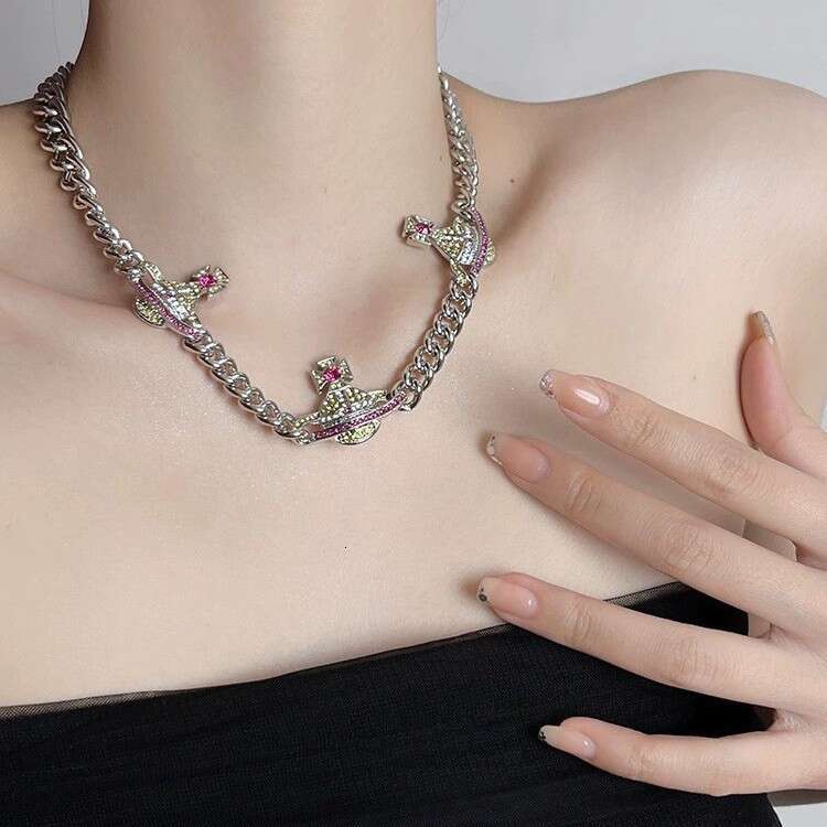 Queen Mother's High-Quality Color Diamond Saturn Necklace for Women, Hip-Hop Punk Cuban Chain Bracelet, Versatile Planet Choker, Trendy