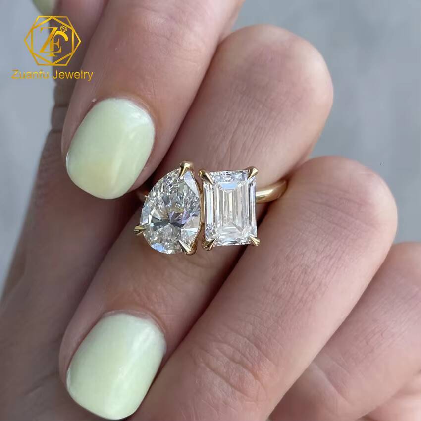 Factory Wholesale Custom 14K Real Solid Gold Au585 Moissanite Toi Et Moi Ring Double Stone Pear Emerald Ring