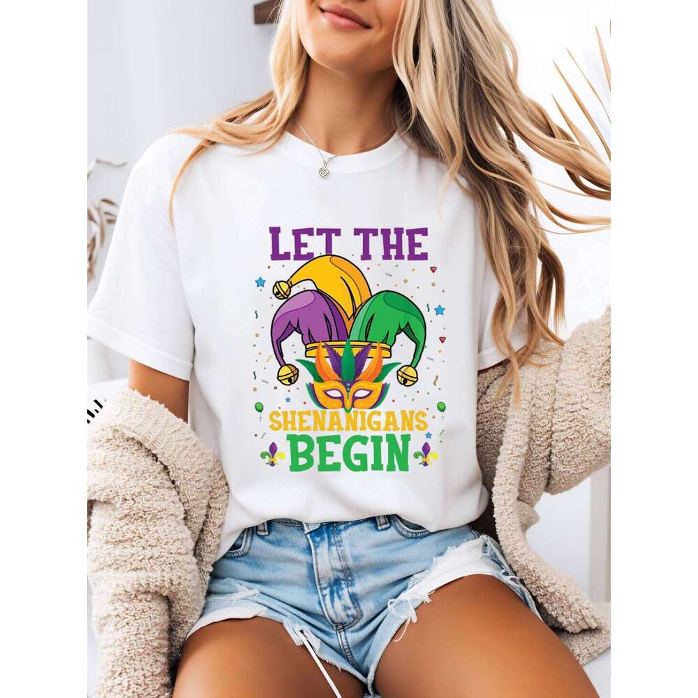 Jester Hat and Mask Let the Shenanigans Begin Mardi Gras t Shirt Women Casual Party Wear White Plus-Size XJ260306 XJ260306