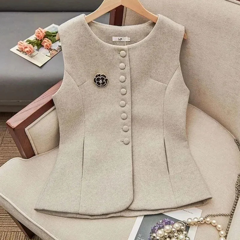 Autumn Winter Casual Versatile Sleeveless Womens Woolen Vest Coat Temperament Fashion Loose Lady Suit Waistcoat Jacket 260306