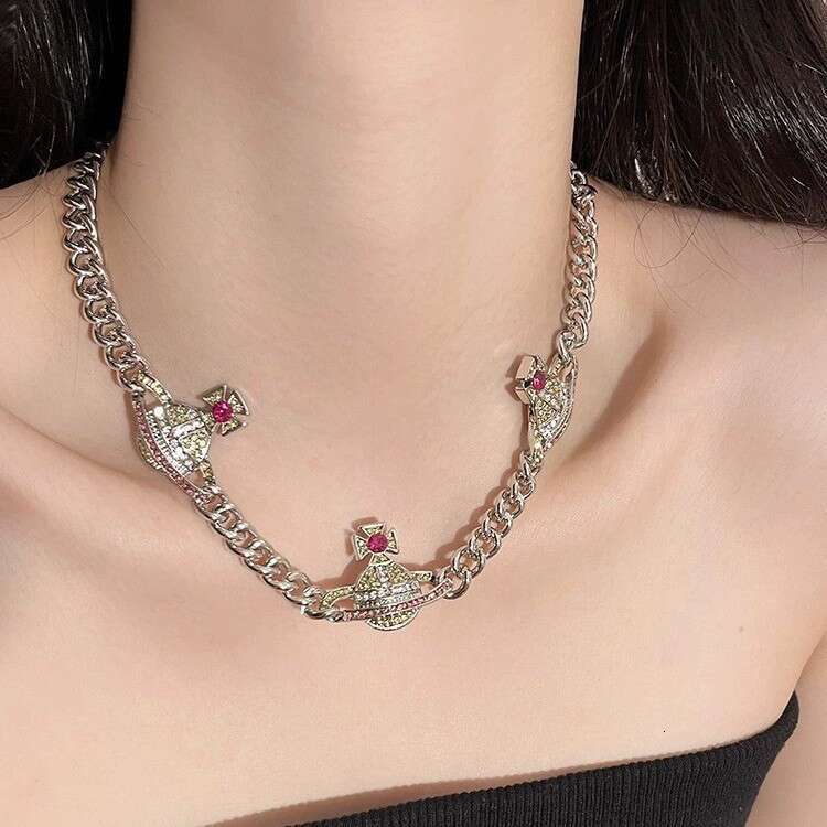 Queen Mother's High-Quality Color Diamond Saturn Necklace for Women, Hip-Hop Punk Cuban Chain Bracelet, Versatile Planet Choker, Trendy
