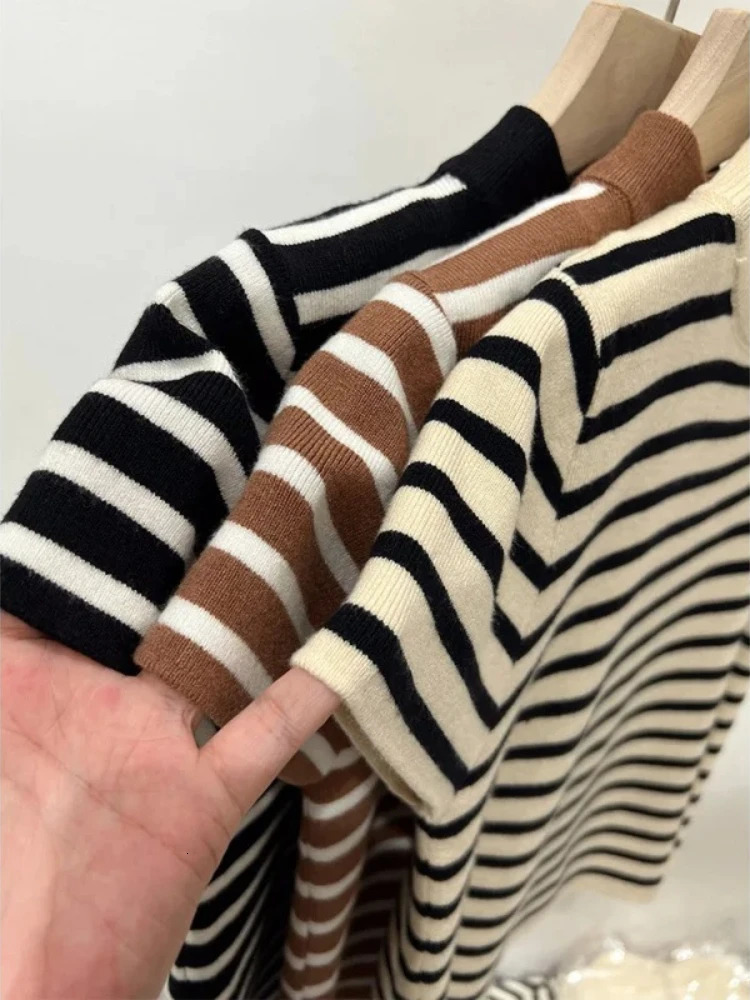 2026 Turtleneck Pullover Striped Sweater Slim Fit Top Shirt Womens Early Spring and Autumn Short Sleeve Bottoming 260306
