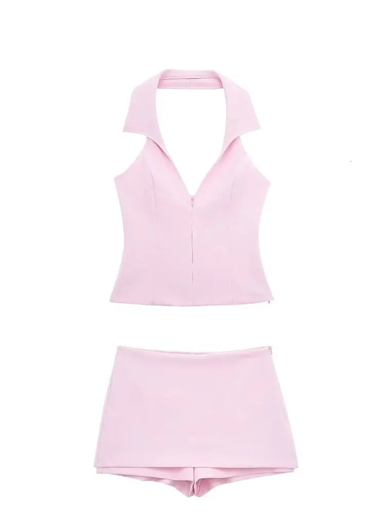 HH Women Casual Skirts Shorts Set Chic Halter Shirt Neck Backless Top Sweet Pink Summer Sexy Sets 260306