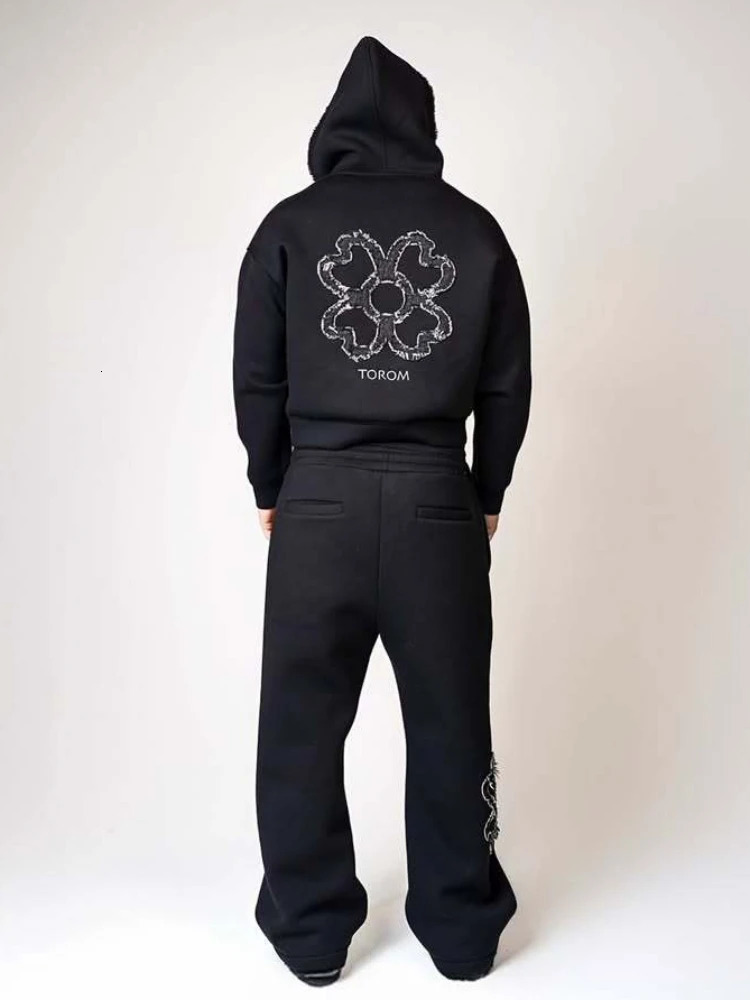 2026 fashion olive green embroidered zipper hoodie pants set mens street style fashion loose casual 2-piece sportswear 260228