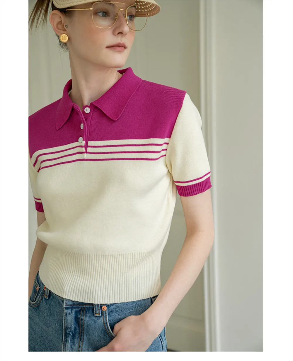 Spring Summer Womens Short Sleeve Polo Neck TShirt Slim Fit Knitted Wool Fashionable Casual Top for Ladies 260228