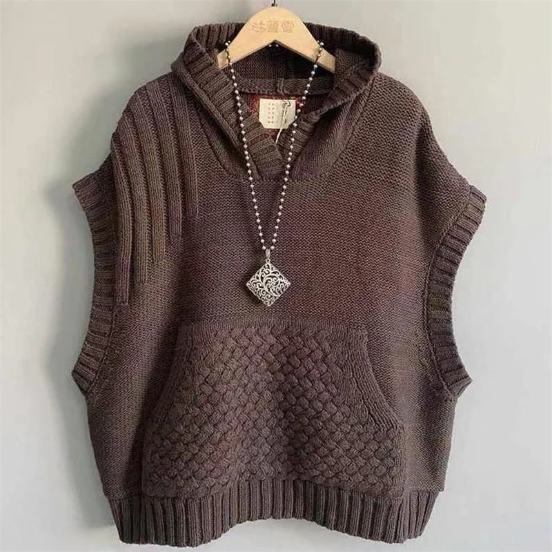 Autumn Winter Sleeveless Age Reduction Ladies knitted Sweater Vest Jacket Hooded Leisure Solid Color Womens Waistcoat Top 260306