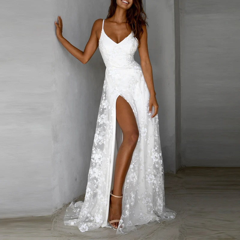 Elegant Ladies Backless High Split Party Dress Sexy Sling V Neck Jacquard Mesh Long Fashion White Wedding 260306