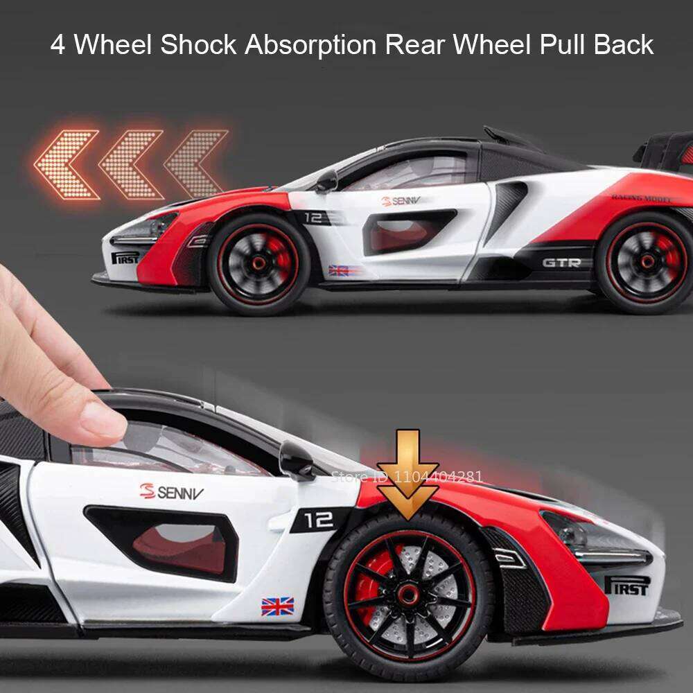 1:24 Senna GTR 720S Miniature Model Alloy Diecast Sports Car Toys Front Wheel Steering Sound Light Pull Back Boys Festival Gifts Z260307