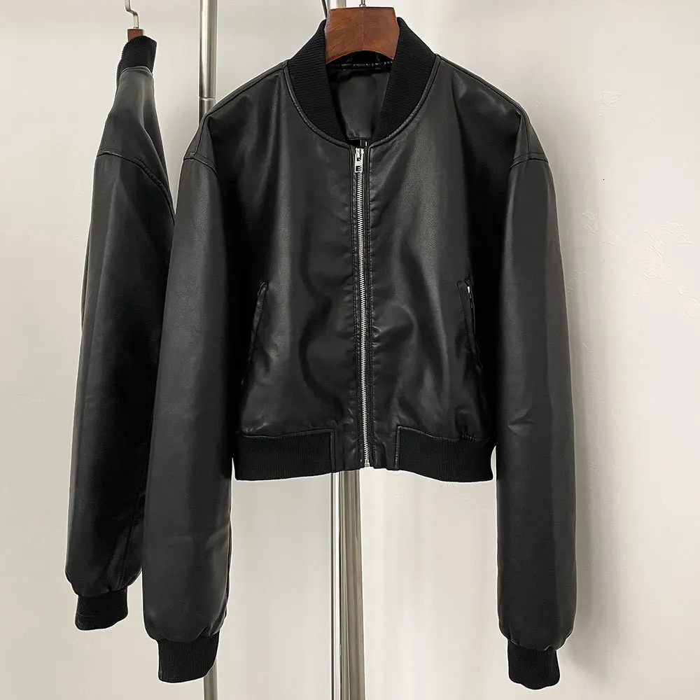 Autumn and winter leather solid color short coat retro style short zipper cardigan casual all match leather jacket female 260306