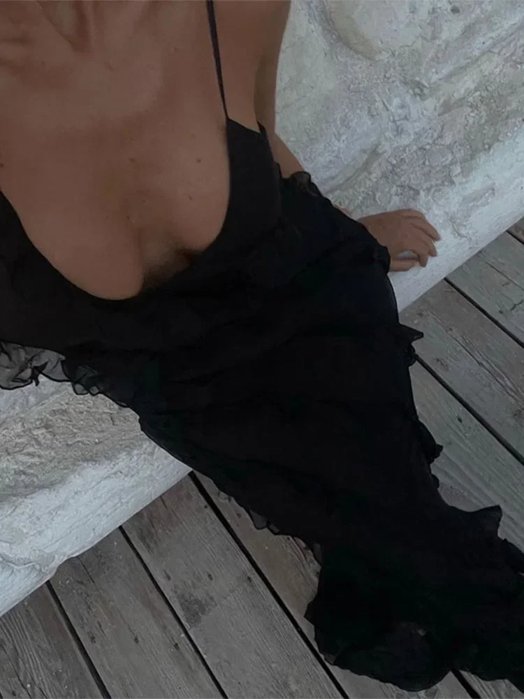 Women Black Stacked Ruffle Hem Long Dress sexy Sleeveless Backless Chiffon VNeck Dresses Lady Vacation Vestidos 260306