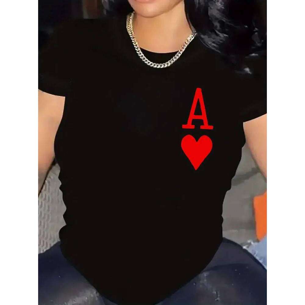 Women's Fashionable Casual Short-sleeved T-shirt with Red Heart Ace Pattern Print Round Neck Machine Washable Four-season Top XJ260306