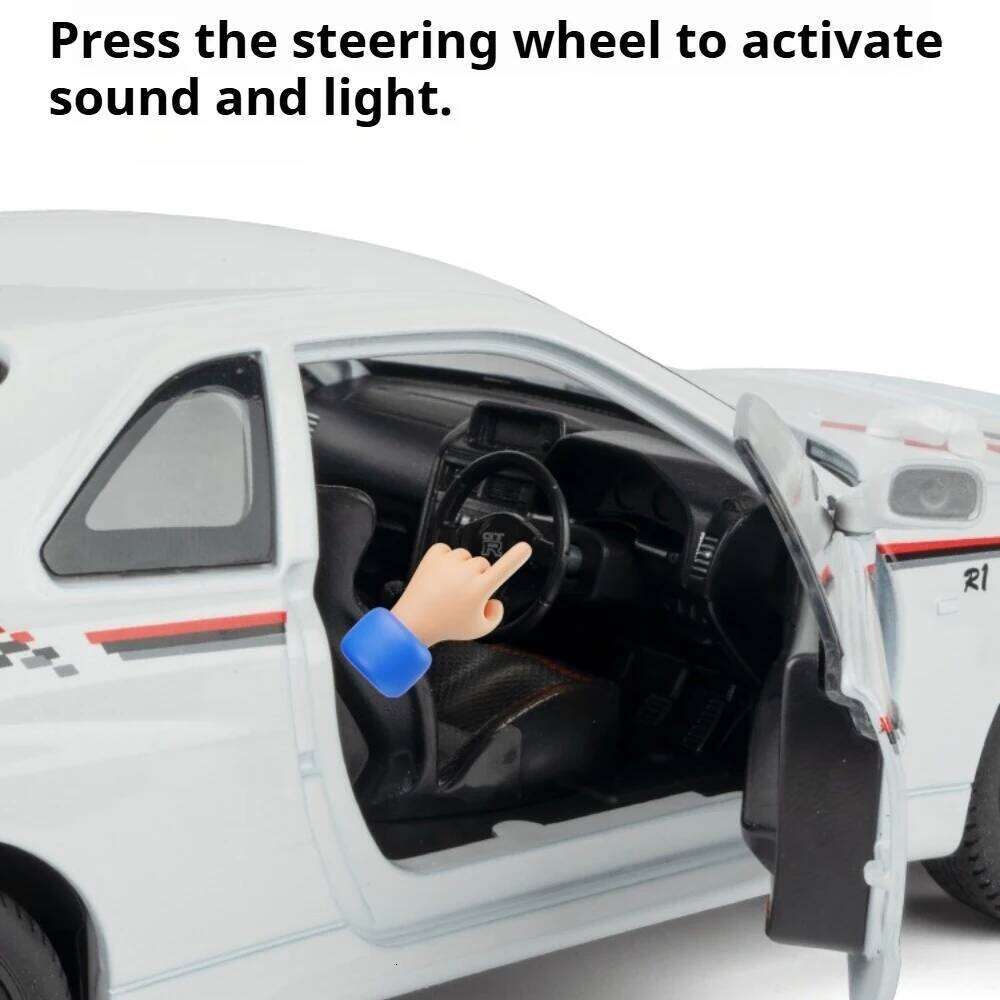 1:24 Scale GTR R34 SKYLINE Car Toys Diecast Alloy Model Front Wheel Steering with Sound Light Pull Back Vehcie Fashion Ornaments Z260307