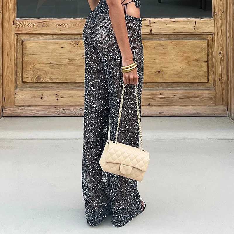 Shiny sequin nightclub style knitted straight leg pants for spring and summer 2026 casual simple beach solid color 260306