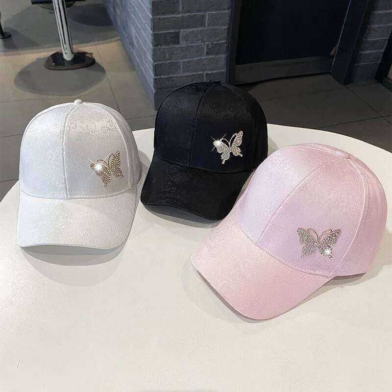 Ladies Summer New Rhinestone Butterfly Sweat Absorbing Sunscreen Sun Hat Fashion Versatile Baseball Cap Breathable Y260304