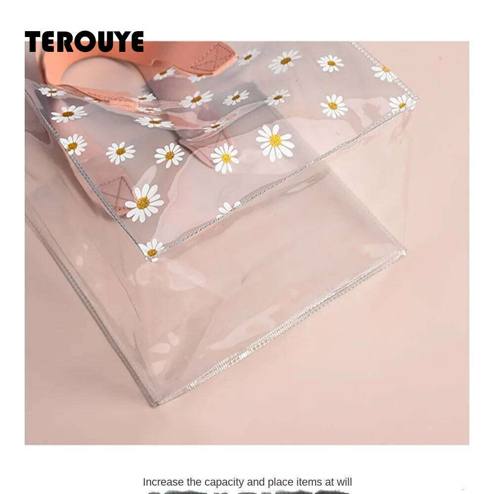 High Quality PVC Clear Tote Little Daisy Waterproof Storage Handle Gift Bag Transparent Shopping Bags TEROUYE
