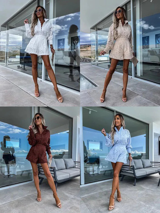 Fashion Lace Two Piece Set Casual Stand Collar Button Long Sleeved Top High Waist Shorts Elegant Commuter Women Clothing 260306