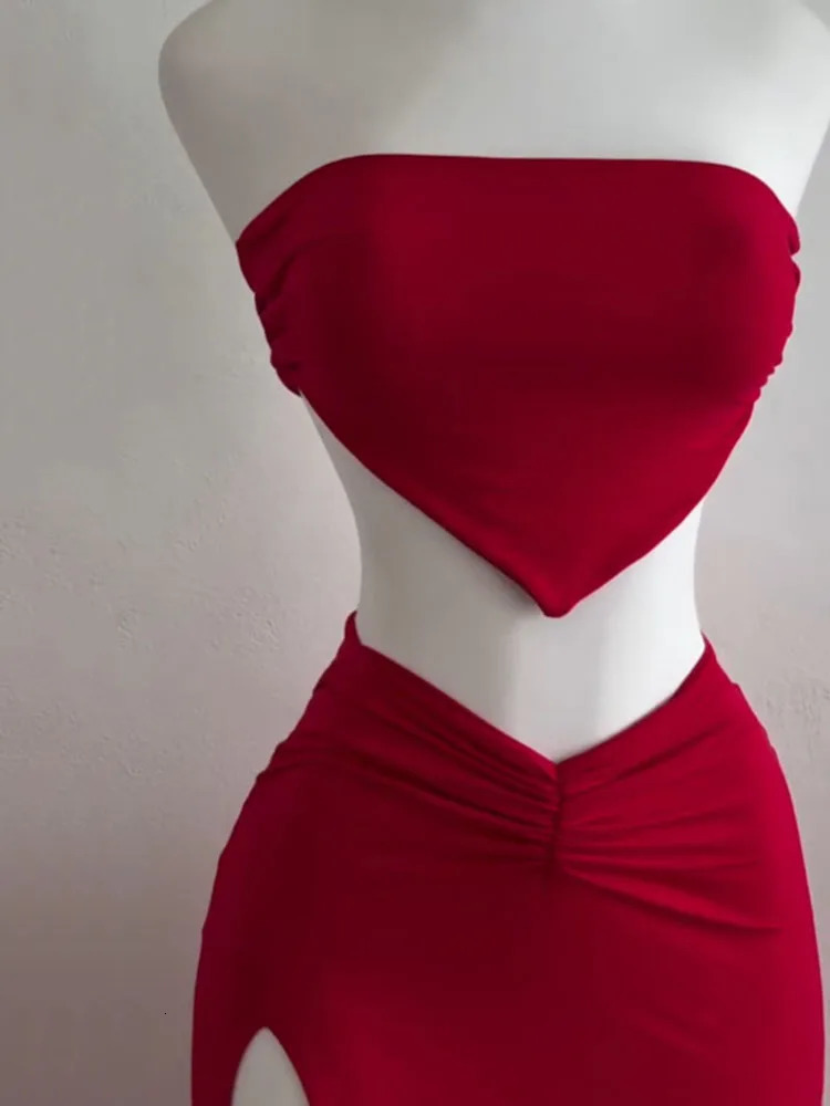 Strapless Backless Crop Top High Waist Skirt 2 Piece Set Women Summer Sexy Slim Fit Split Midi Dress Tube Suits Party Club Sets 260306