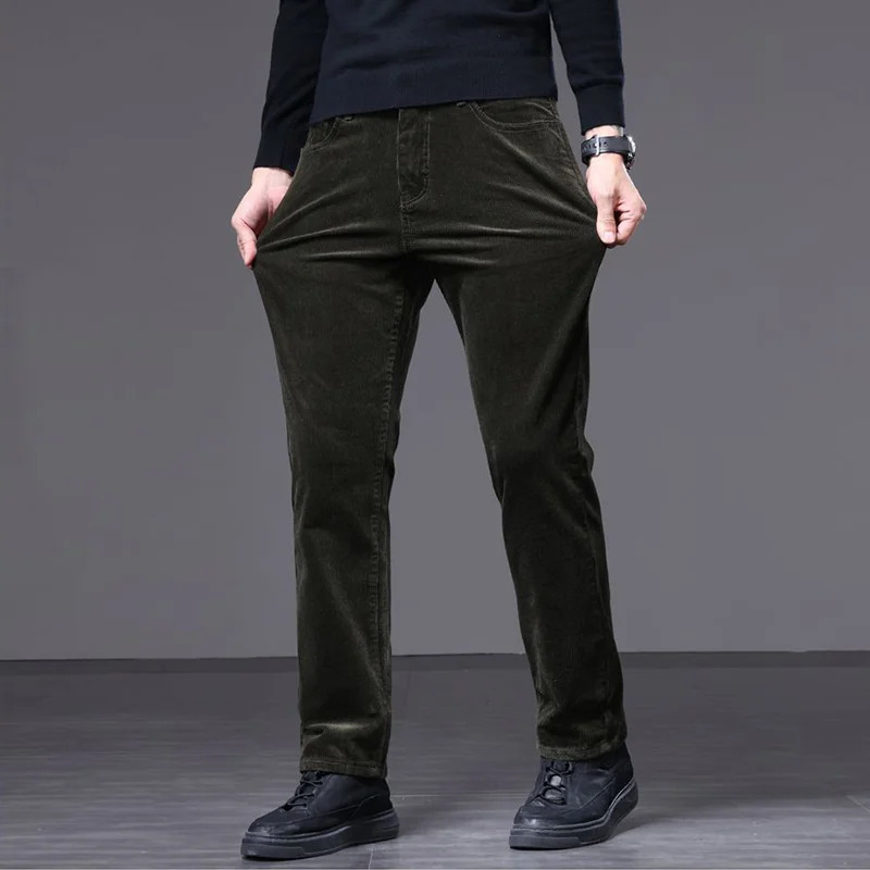 Winter Warm Fleece Army Green Mens Corduroy Pants Thicken Business Small Straight Slim Outdoors Cargo Work Casual Trouser Male 260305
