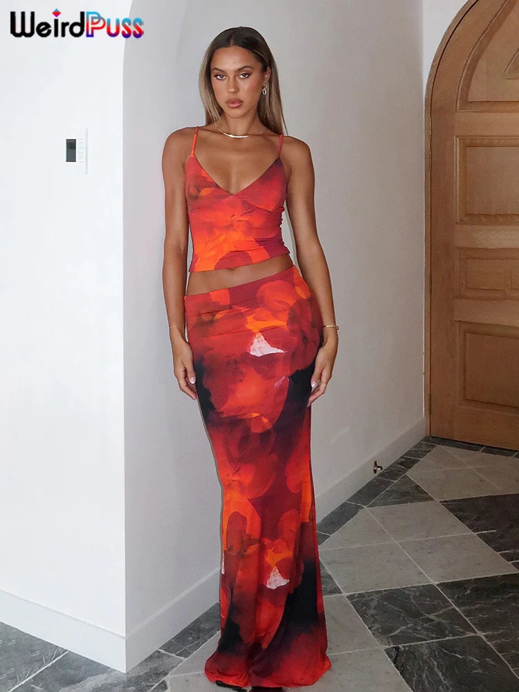 Weird Puss TieDye Print 2 Piece Set Women Summer Y2K Fashion Hipster Elegant VNeck CamisoleMaxi Skirts Matching Streetwear 260306