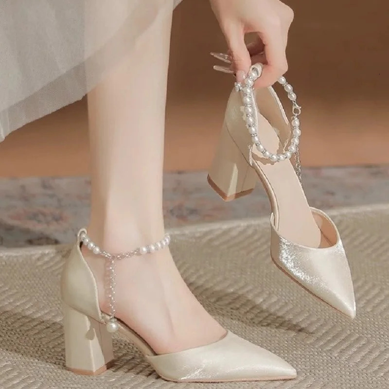 Elegant Pearl-Embellished Satin Heels - 5cm Chunky Low Heel Bridal Shoes with Adjustable Ankle Strap 260303