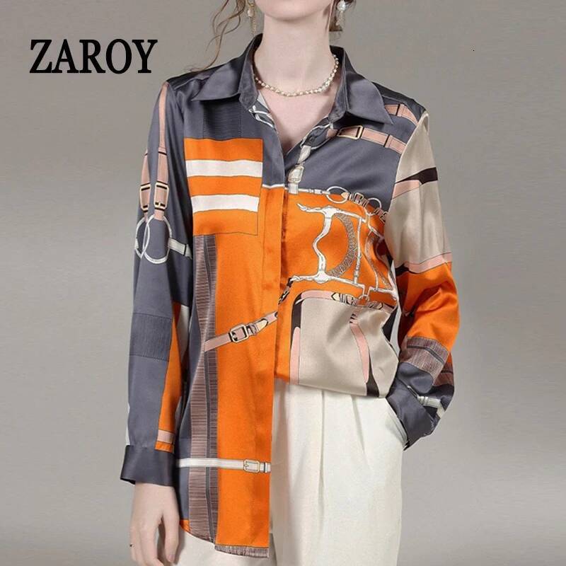 ZAROY S-3XL Imitation Silk Slim Shirts Women Orange Grey Print Fashion Blouses Lady Top Luxury Brand Design Shirt camisas