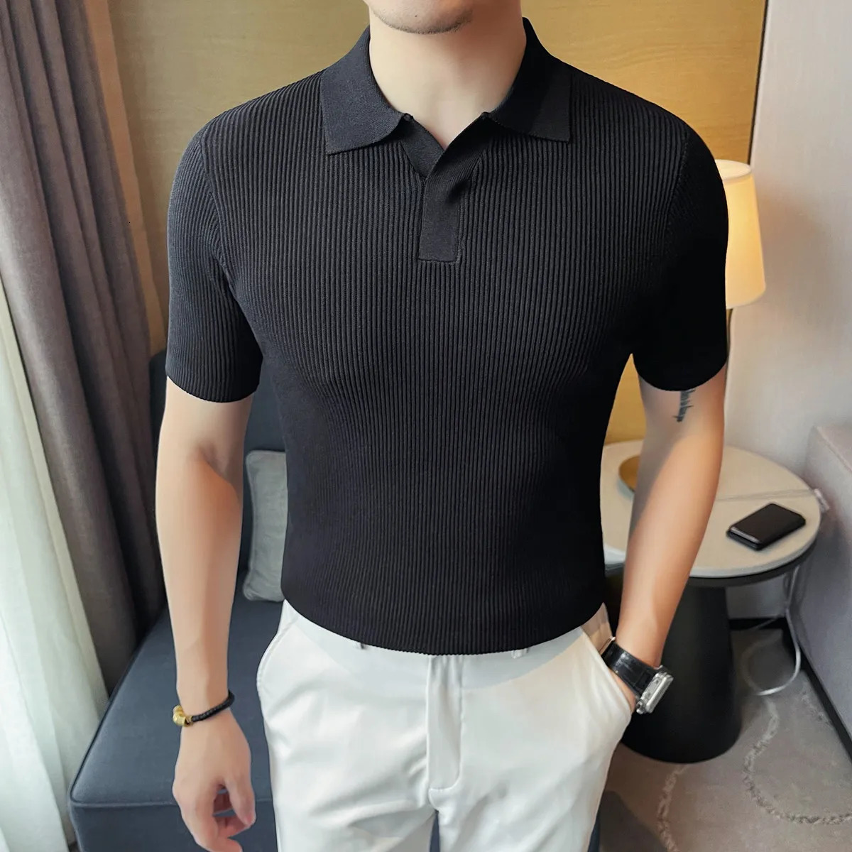 Mens Solid Stretch Polo Shirt - Ribbed Texture Elastic Comfort Slim Fit for Casual/Semi-Formal Versatility M-4XL 260305