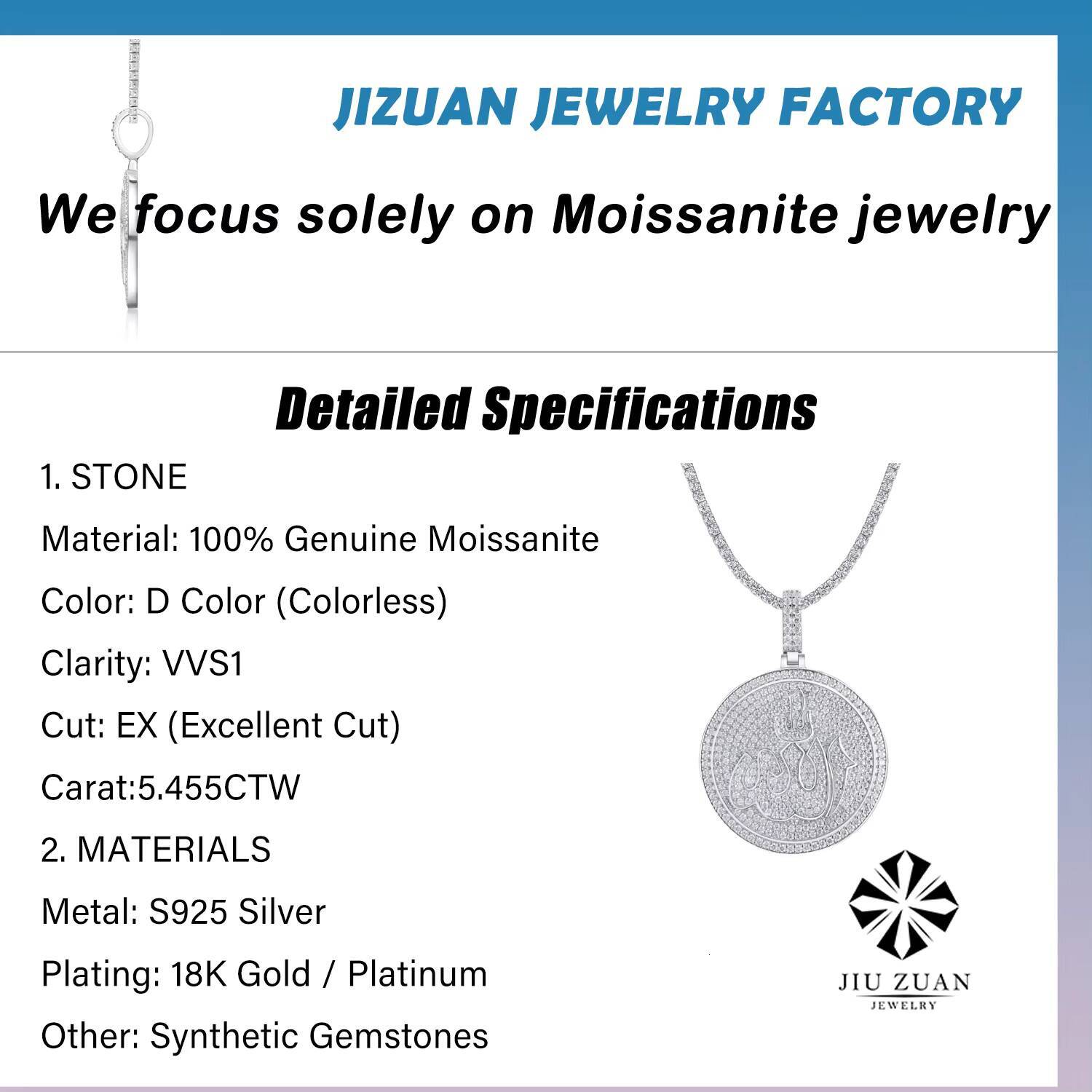 Pave Moissanite Arabic Letter Round Pendant Necklace 18K Gold Plated S925 Sterling Silver Hip Hop Retro Rapper Wear