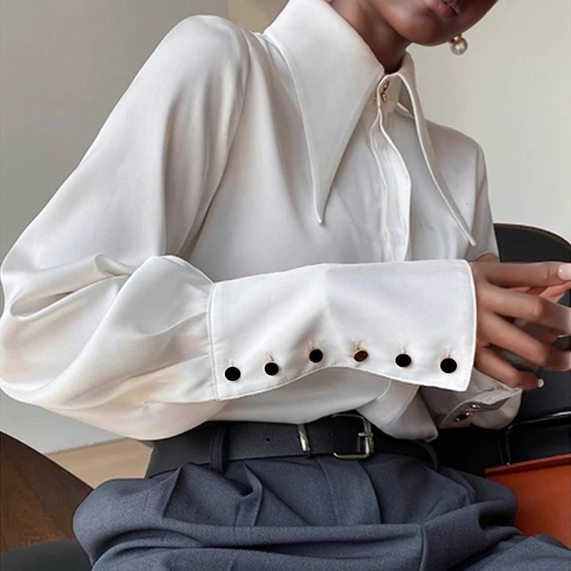 Fashion Vintage Satin Silk Shirt Women Elegant Turn Down Collar Blouse White Long Sleeve Ladies Shirts Tops Blusas 169 260228