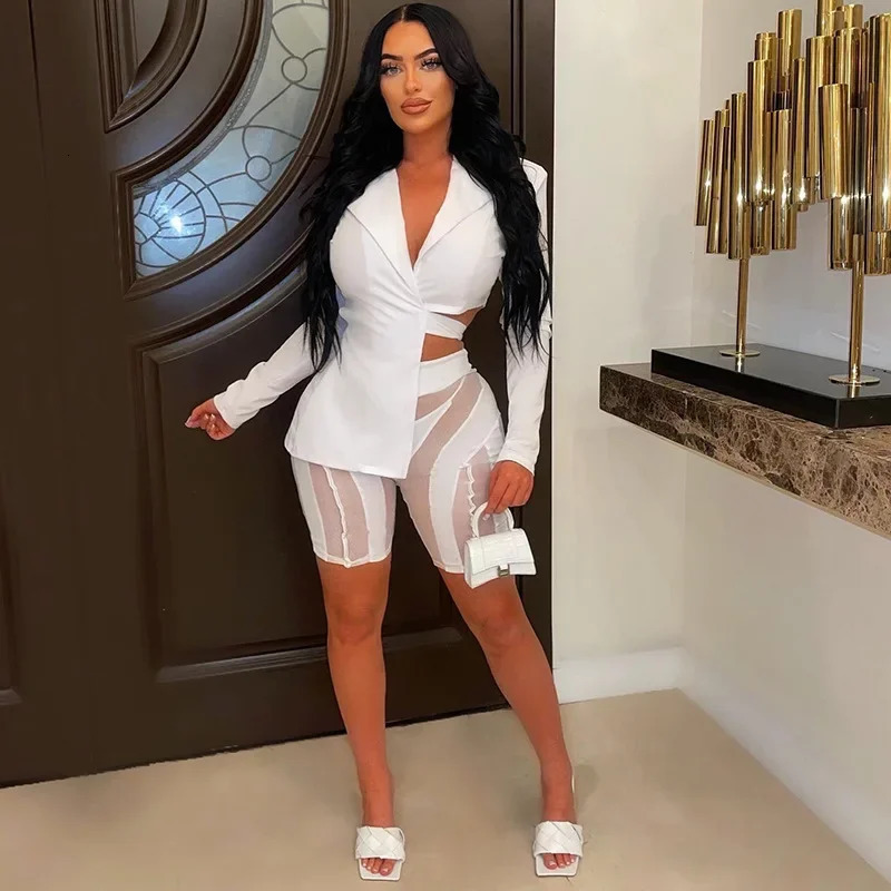 ANJAMANOR Two Piece Club Outfits Women Sexy Asymmetric Blazer and Mesh Shorts Leggings Matching Sets Fall D58ED25 260306