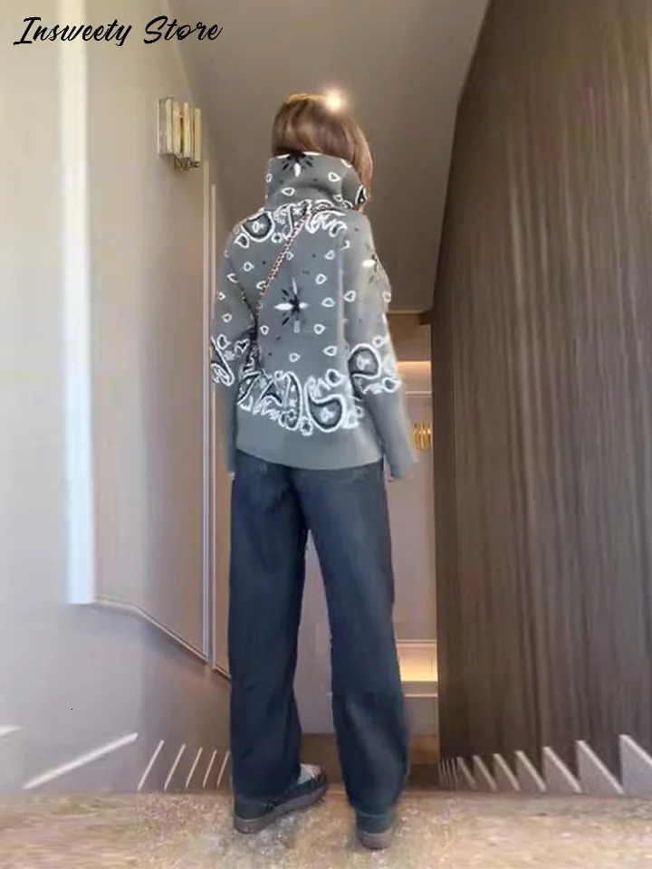 Fashion Knit Printed Sweater Womens Stand Collar Long Sleeve Zippers Vintage Style Cardigan 2026 Spring Lady Casual Top 260305
