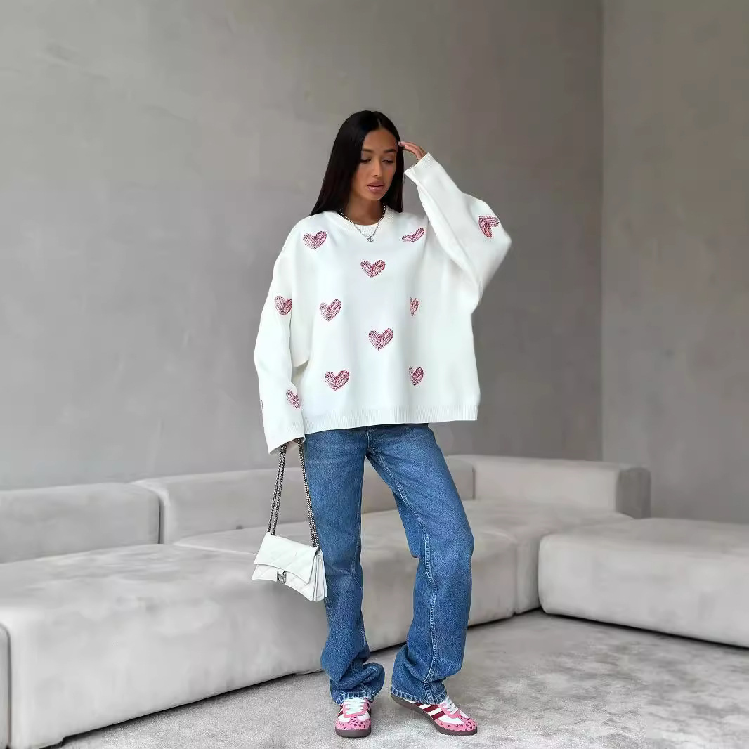 Early Autumn Lazy Style Draped Round Neck Long Sleeve Womens Sweater Heart Pattern Knitted Base Shirt Autumn Women 240904